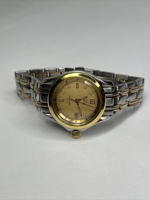 57_b9841517-d0c0-4daf-9a6a-33f3766e27b4 29mm OMEGA Seamaster 120M Steel 18K Gold Bezel Quartz Women’s Date Watch – READ