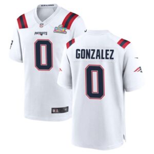 Men's New England Patriots #0 Christian Gonzalez White Super Bowl LX Patch Game Jersey