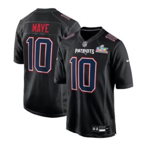 Men's New England Patriots #10 Drake Maye Black Super Bowl LX Patch Carbon Fashion Game Jersey