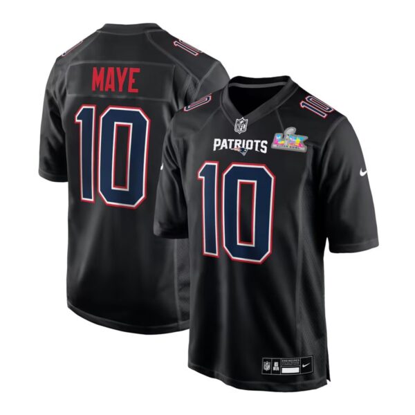 Men's New England Patriots #10 Drake Maye Black Super Bowl LX Patch Carbon Fashion Game Jersey
